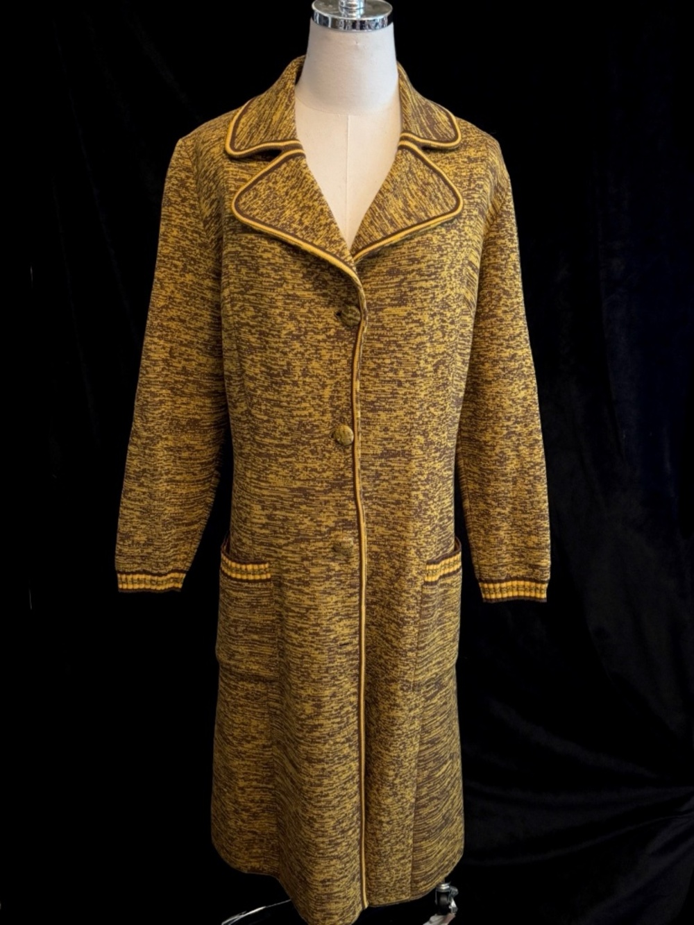 VTG 60s/70s Long Speckled Yellow and Brown Knit Trench Coat Cardigan